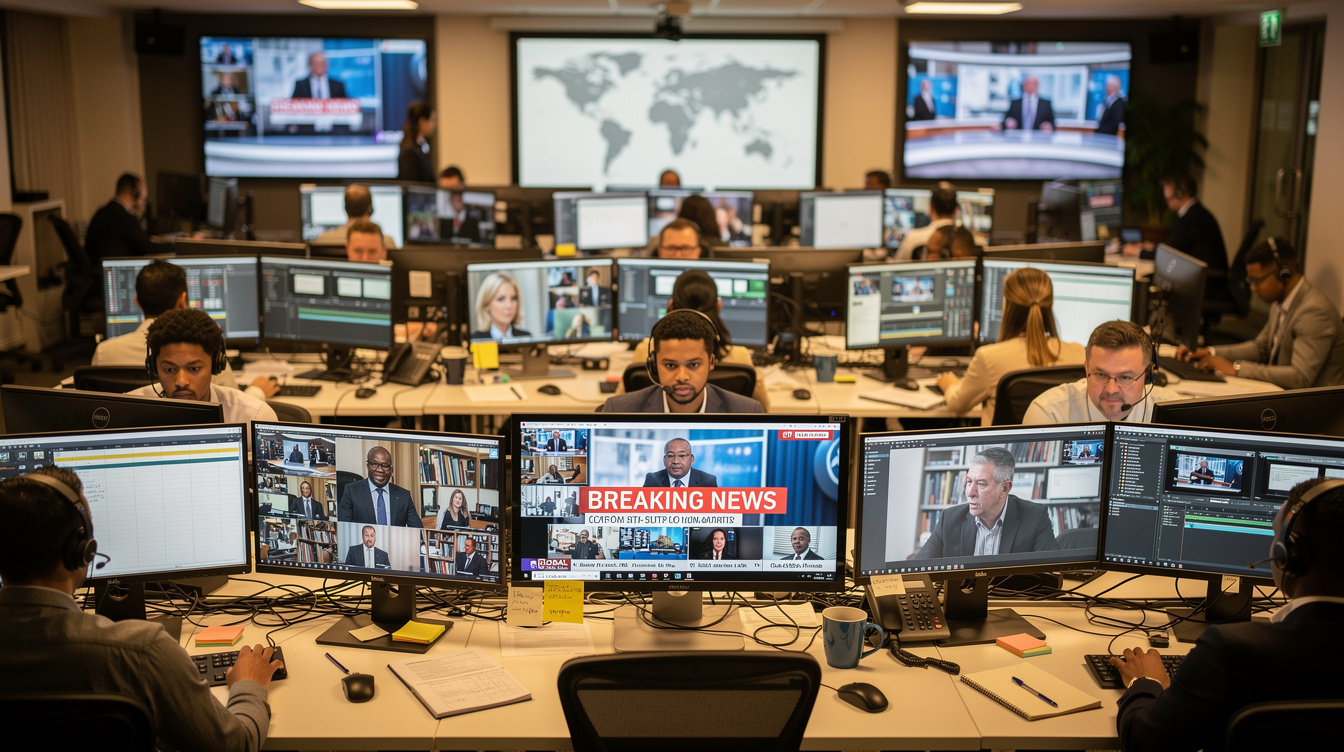 Newsroom production team working at editing desks