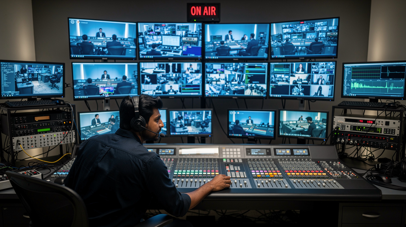 Broadcast control room with vision mixing screens