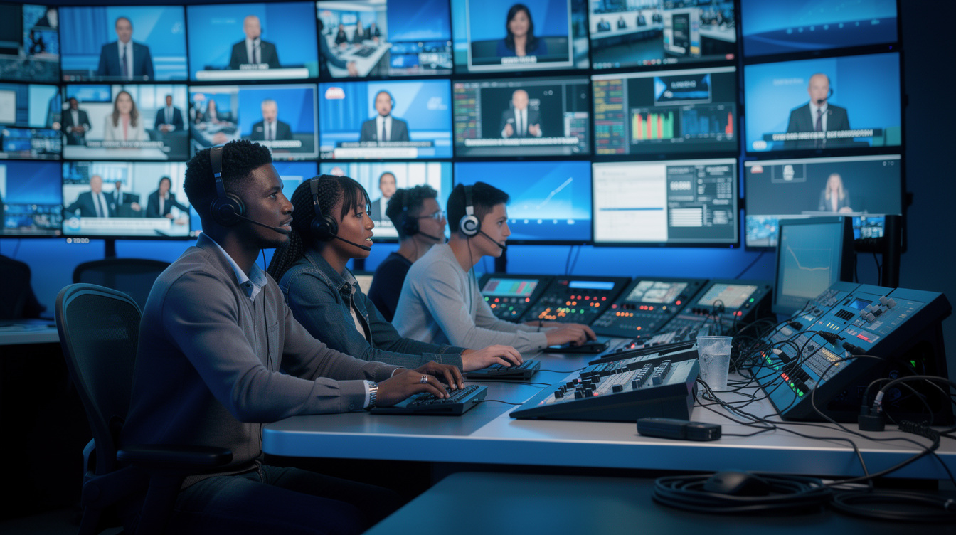 Gallery team monitoring a live news broadcast on screens