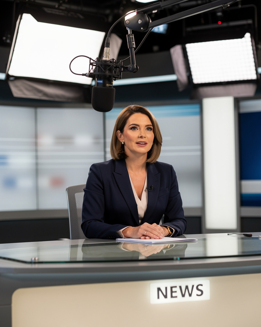 News presenter speaking into a microphone in a broadcast studio