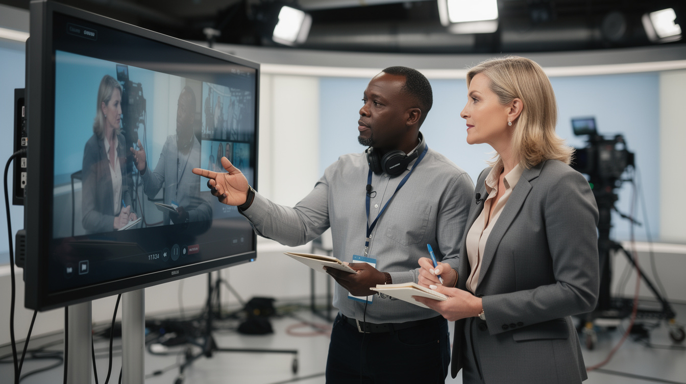 Producer and presenter reviewing footage on a monitor
