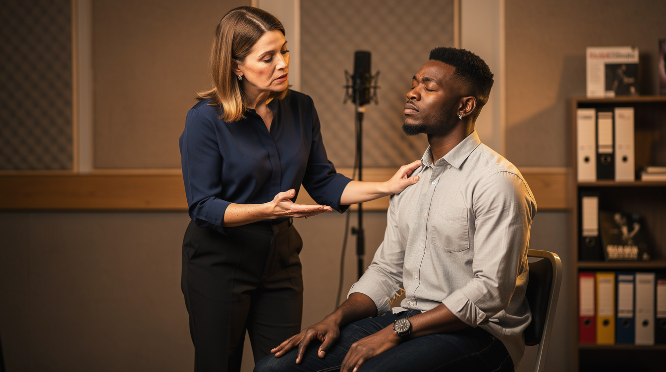 Voice coach working with a presenter in a small studio