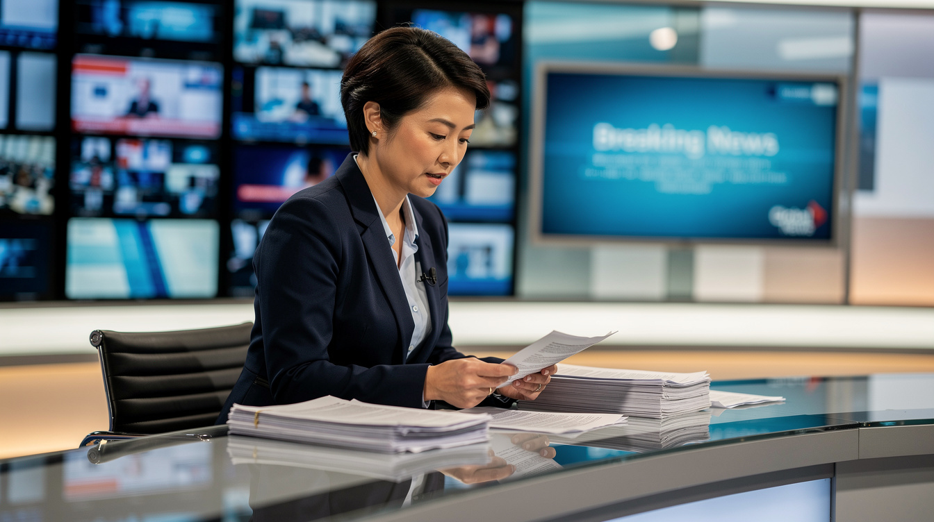 Presenter reading a script at a news desk before broadcast