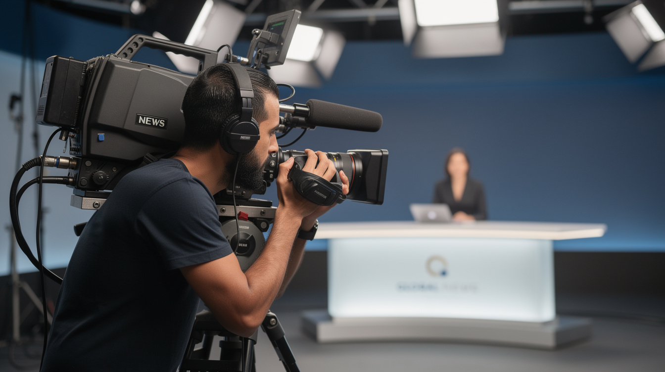 Camera operator framing a presenter in studio