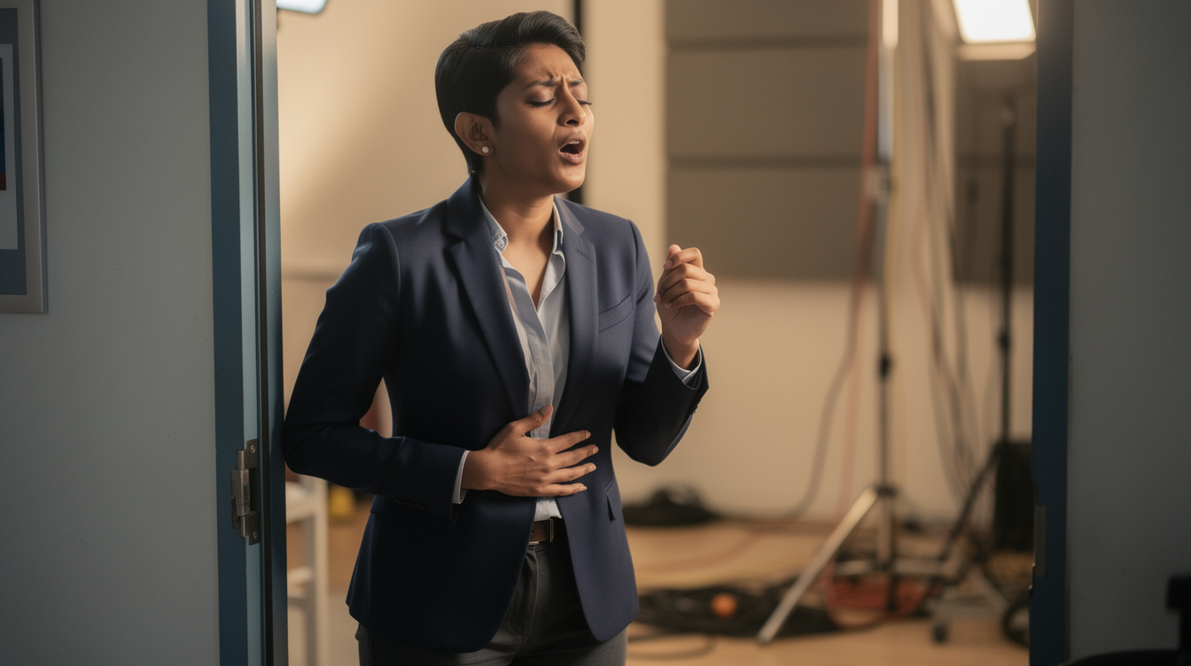 Presenter doing a vocal warm-up backstage before a broadcast