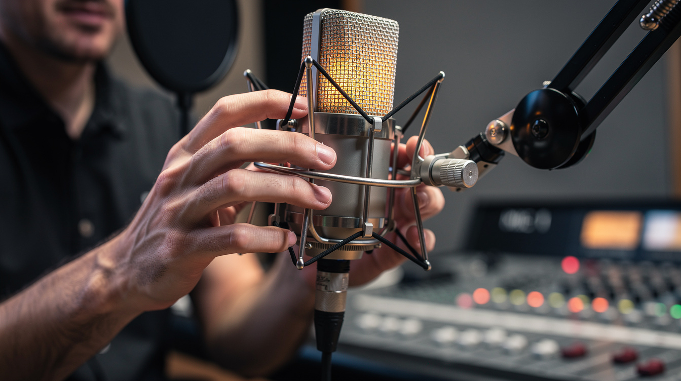Close up of a studio microphone being adjusted