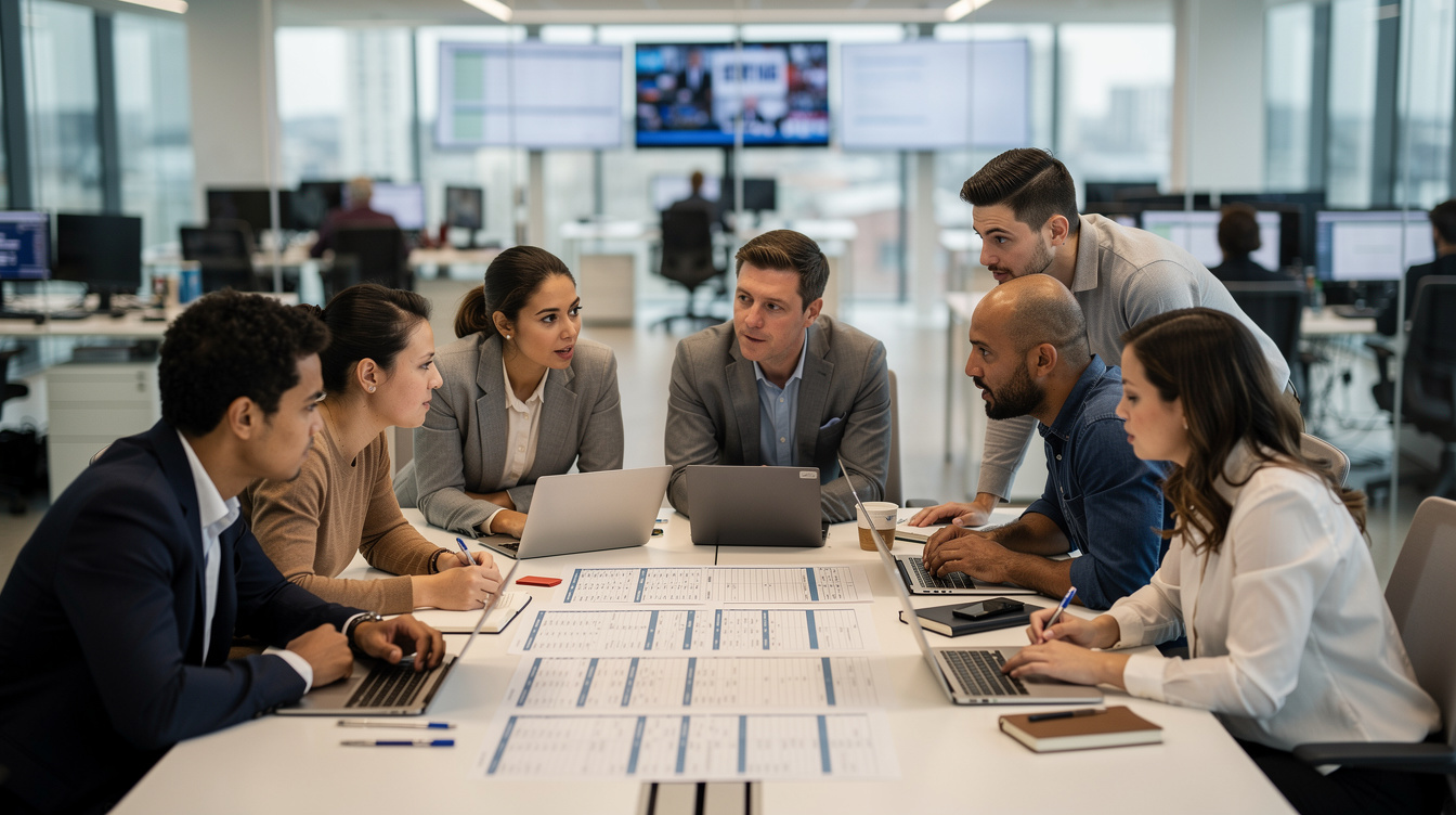 Editorial team planning a news running order