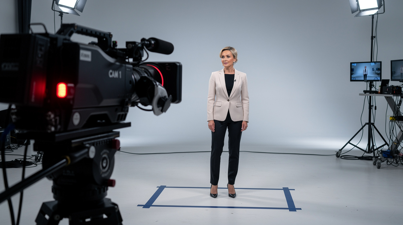 Presenter standing on a marked position on the studio floor