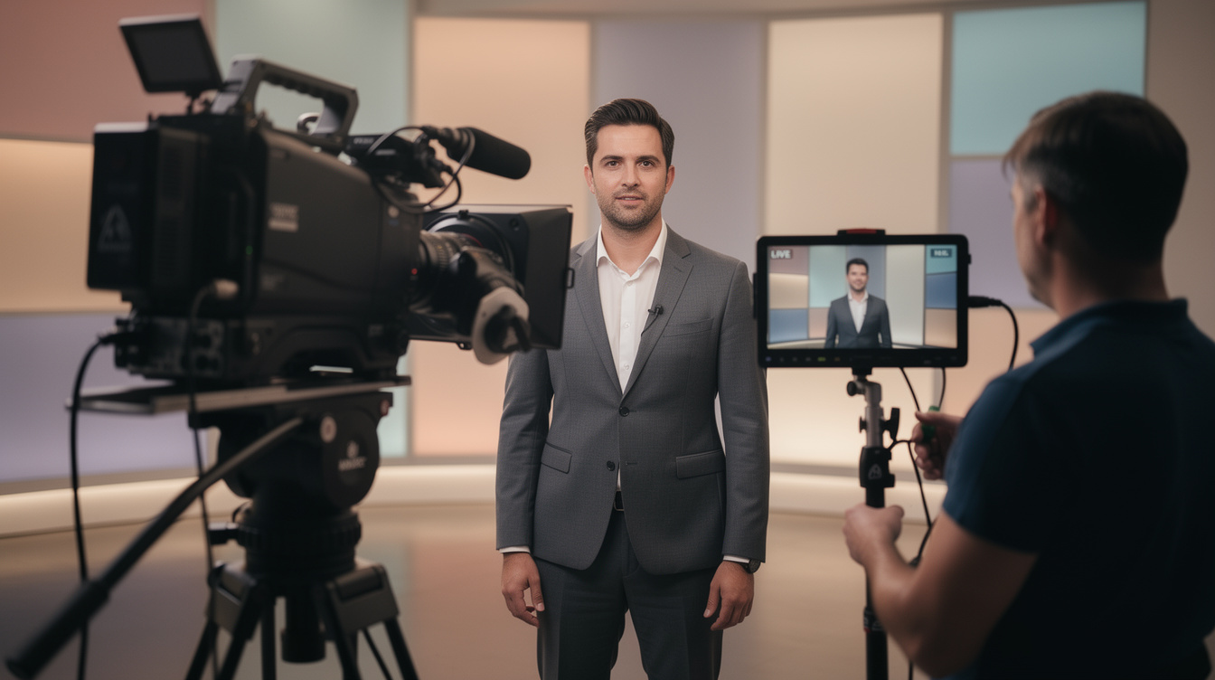 Presenter positioned in front of studio camera for a framing check